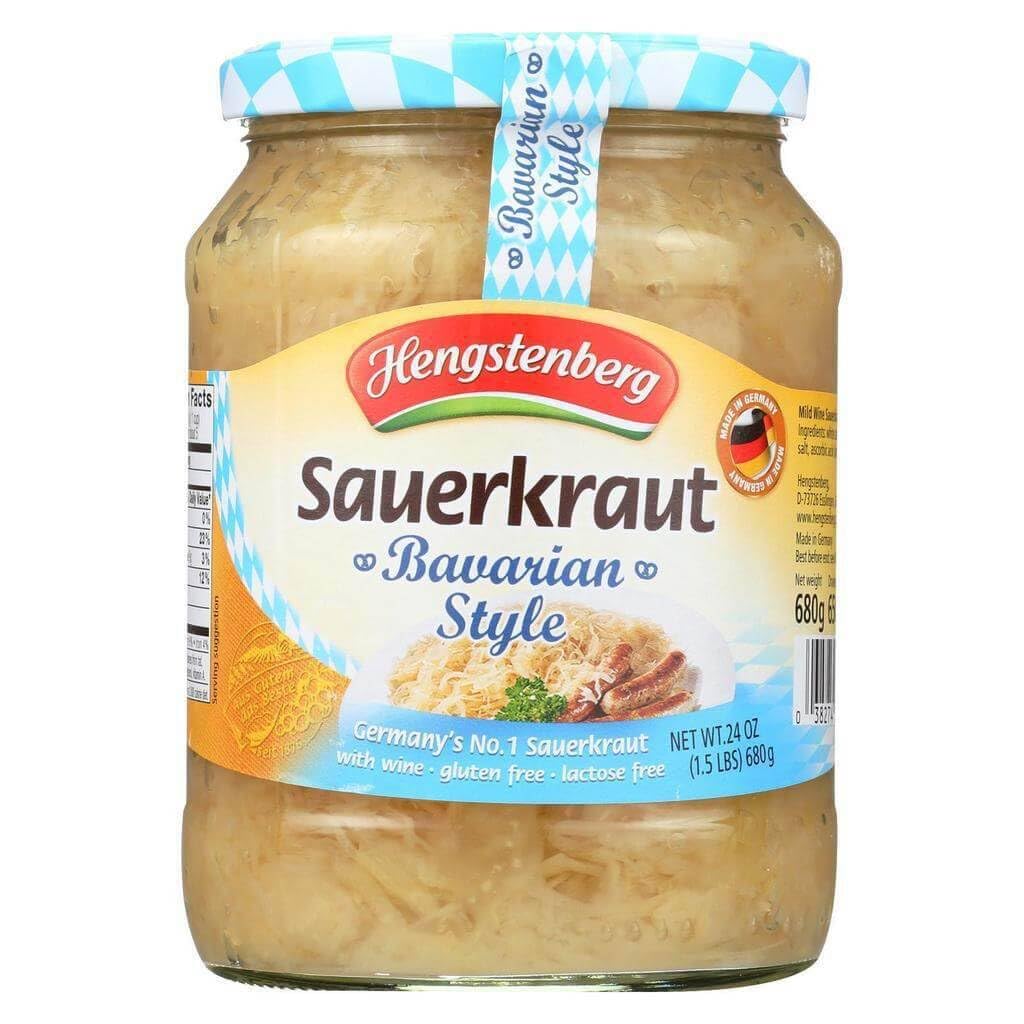 Hengstenberg Bavarian Wine Sauerkraut jar displaying white cabbage and wine flavor, ideal for pairings with sausages.