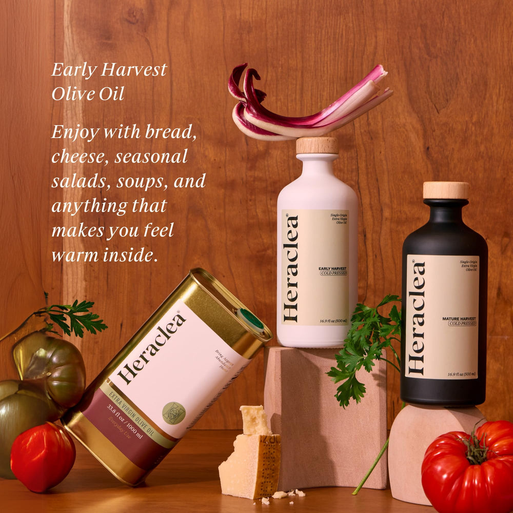 Heraclea olive oil label close-up highlighting organic, cold-pressed EVOO