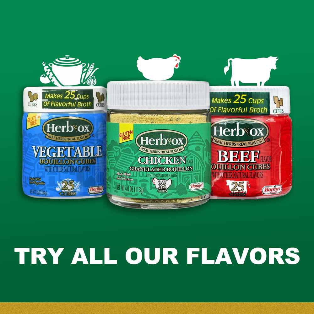 HERB-OX Beef Bouillon Cubes arranged in a line to show the 25-cube container.