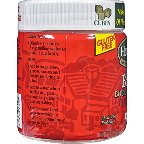 HERB-OX Beef Bouillon Cubes packaging shown on a pantry shelf.