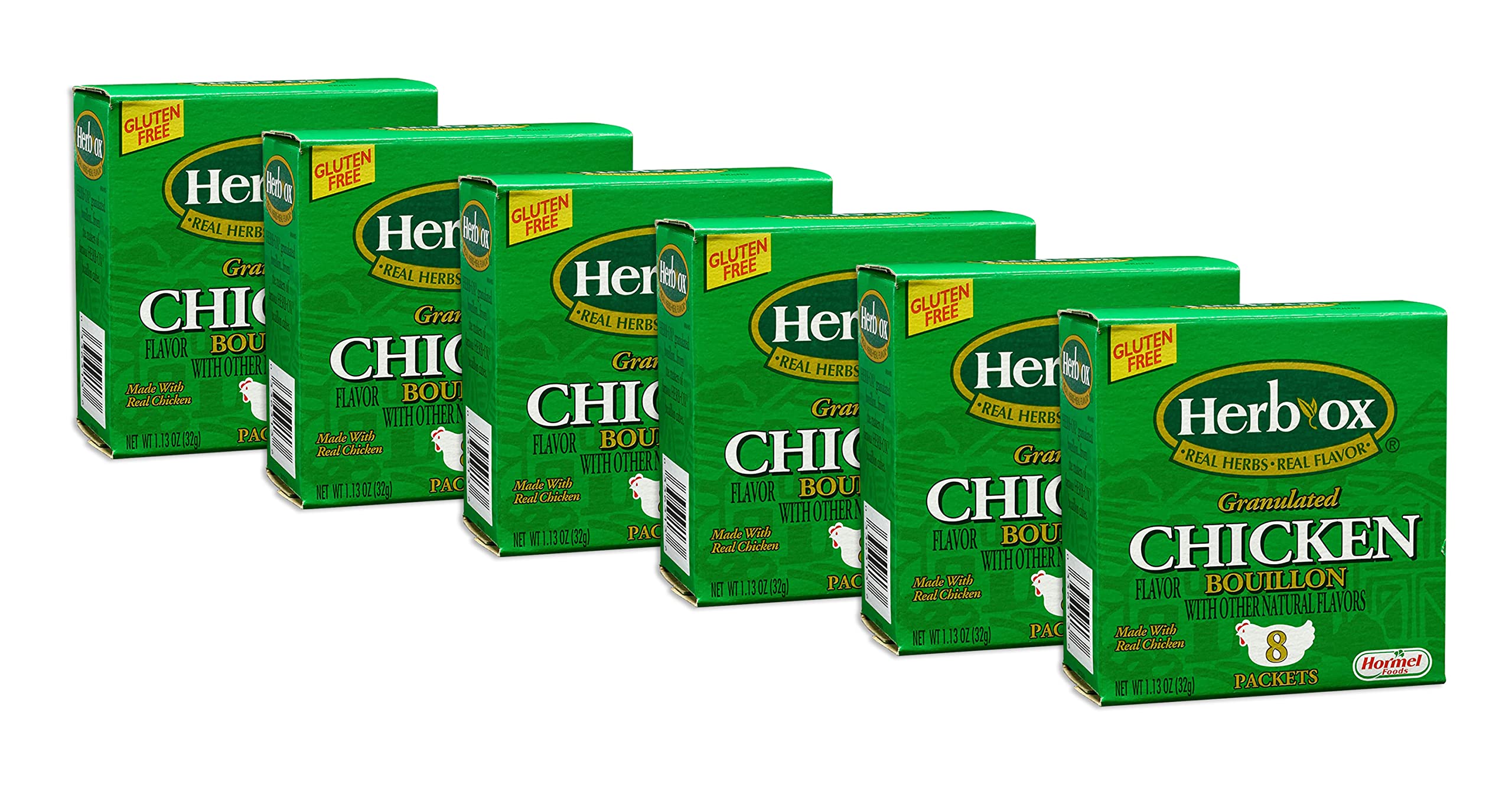 Herb-Ox granulated chicken bouillon pack front, six-pack for quick flavor