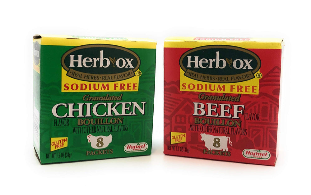 Herb-Ox sodium free bouillon beef packaging ideal for quick savory soups.