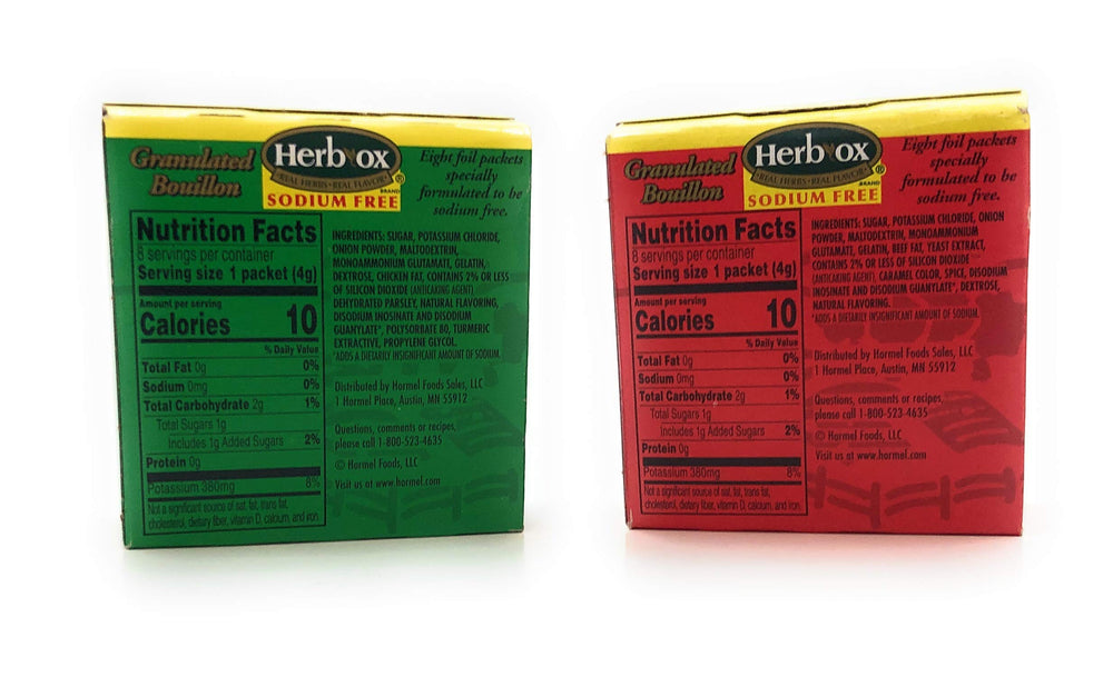 Herb-Ox sodium free bouillon chicken packaging for versatile, warm meals.