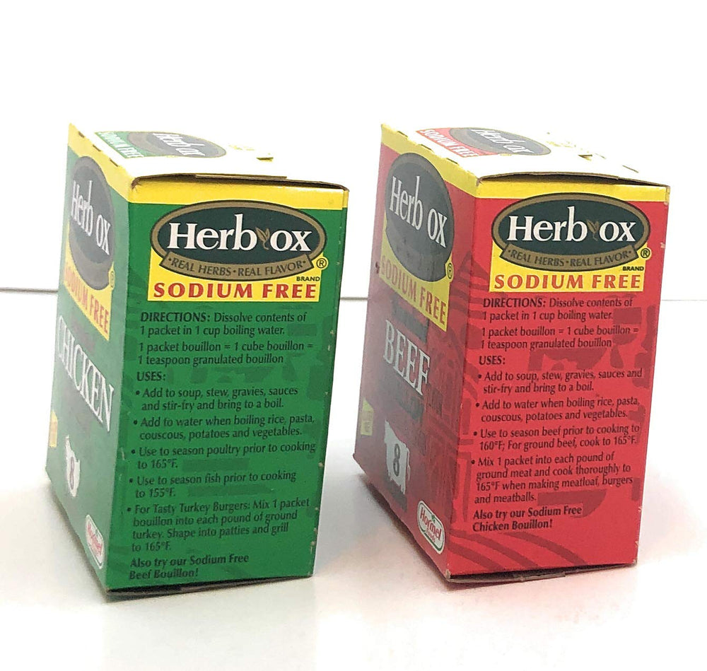 Herb-Ox sodium free bouillon chicken packets closeup for easy meal prep.