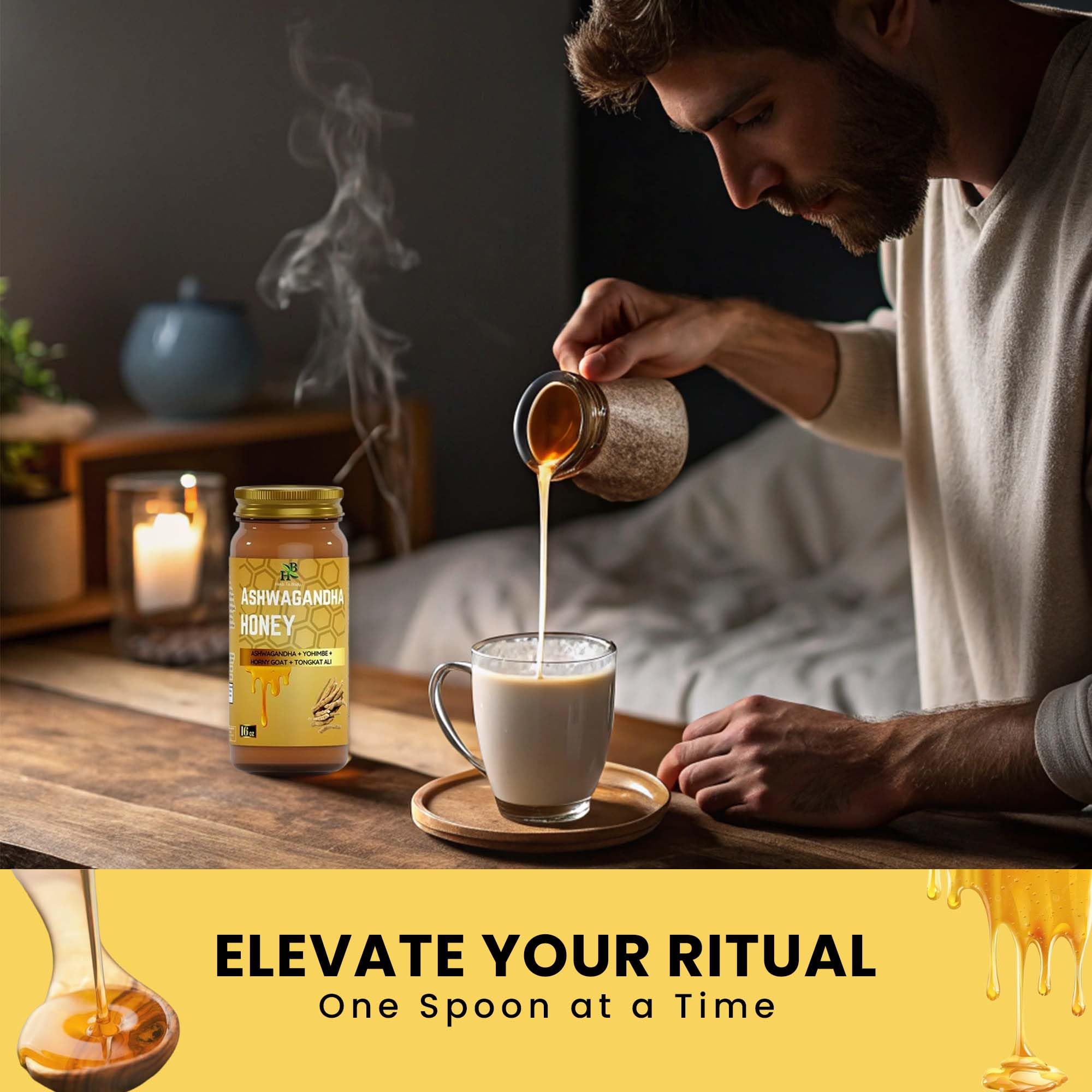 Herb To Body Ashwagandha Honey drizzled in tea for warmth.