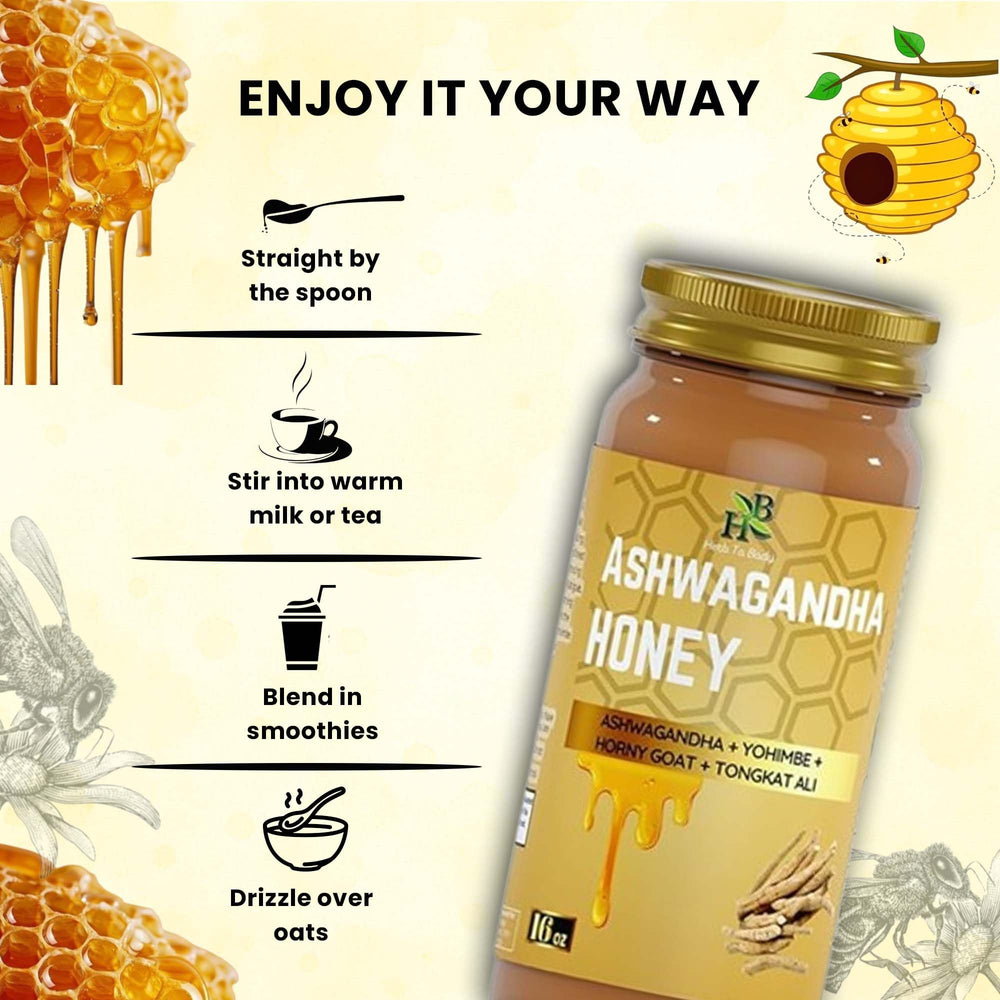 Herb To Body Ashwagandha Honey Organic jar with golden sweetness for tea.