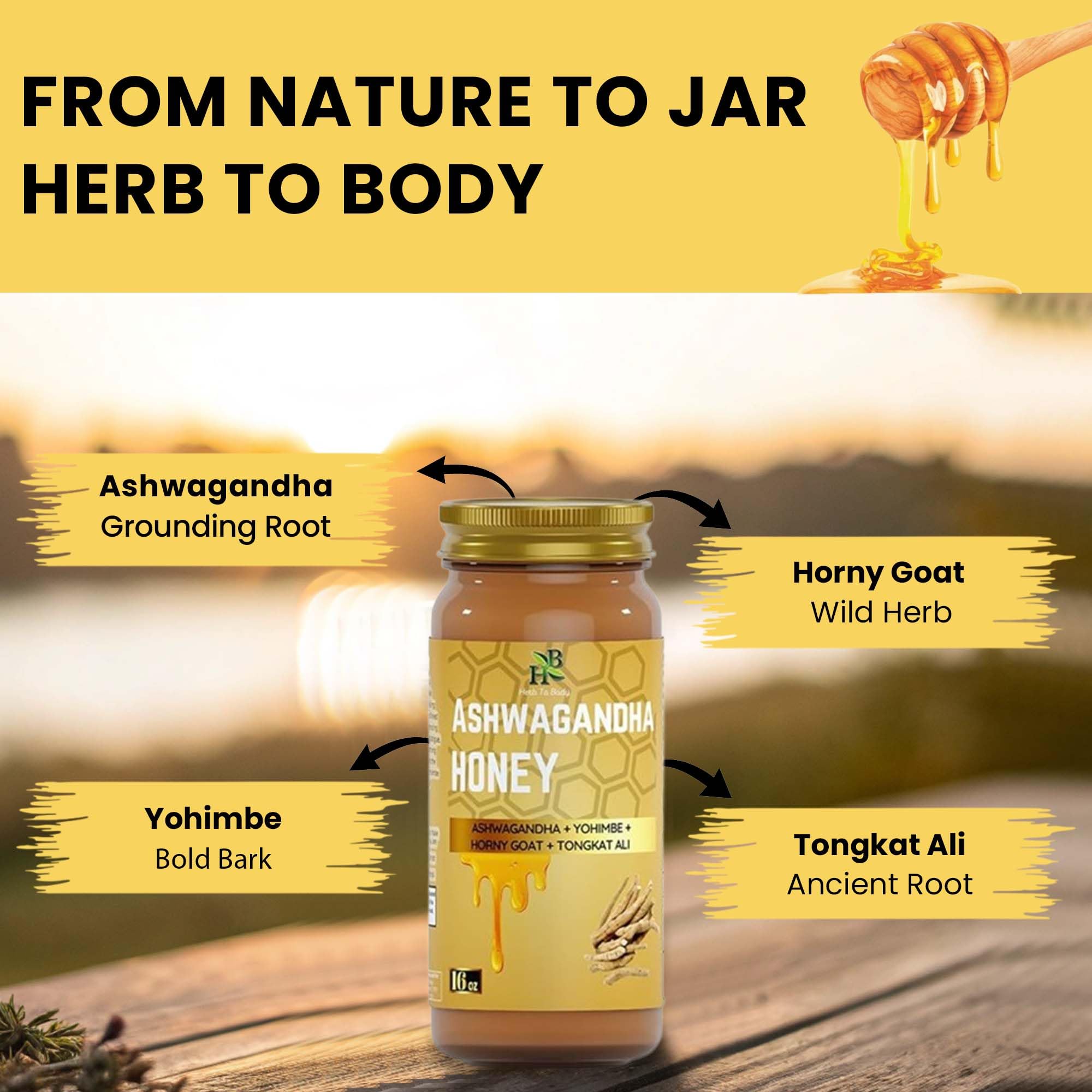 Herb To Body Ashwagandha Honey Organic label closeup showcasing quality.