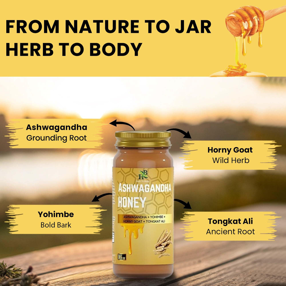Herb To Body Ashwagandha Honey Organic label closeup showcasing quality.