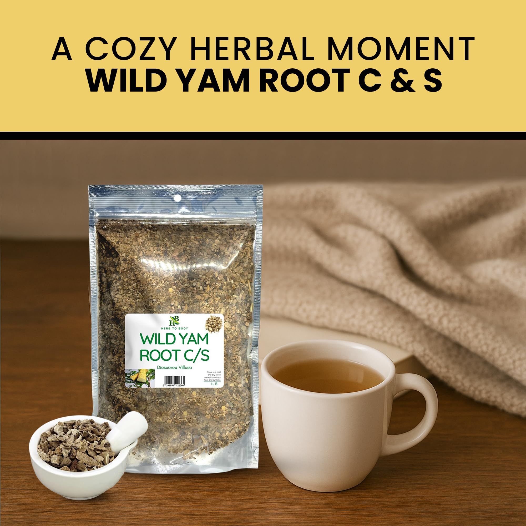 Herb To Body wild yam root closeup highlighting natural texture.