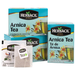 Herbacil Arnica Tea bags close-up highlighting individually wrapped freshness.