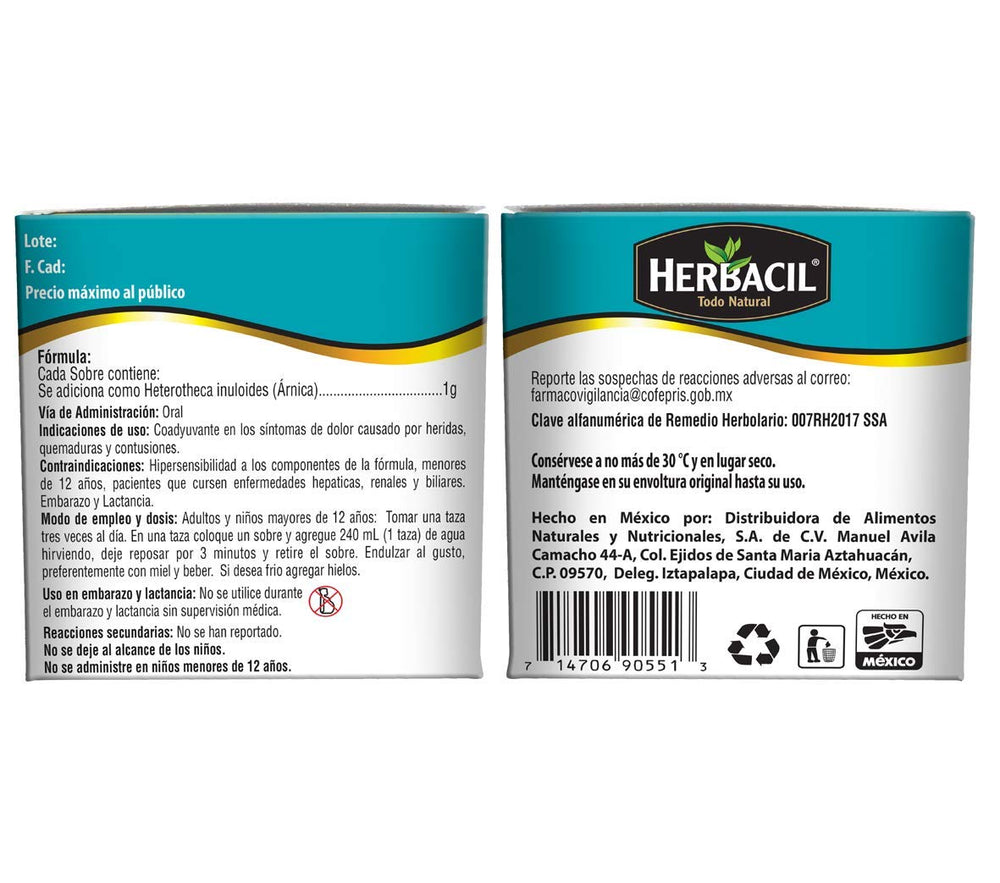 Herbacil arnica tea bags packaging highlights US-made quality.