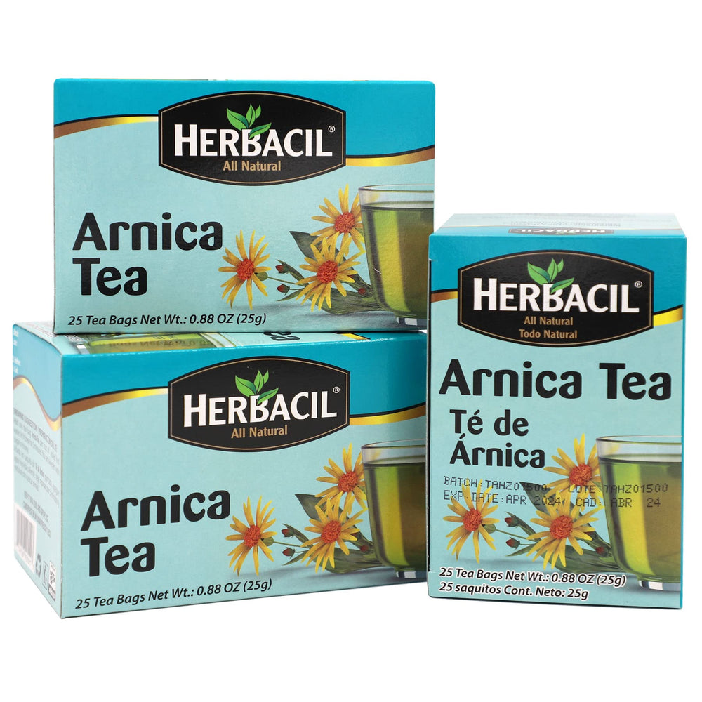 Herbacil Arnica Tea box packaging showing a 3-pack for convenient hydration.