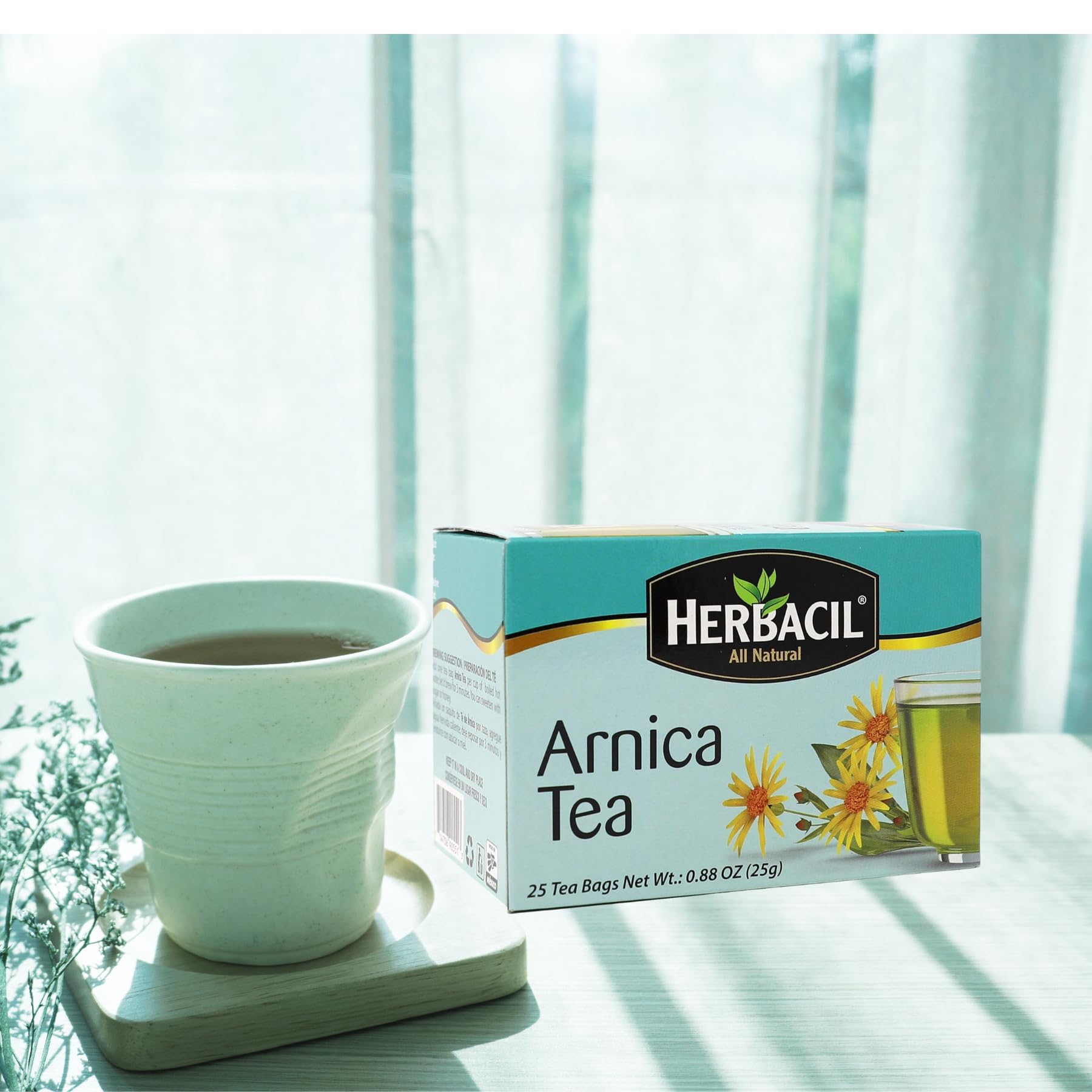 Herbacil Arnica Tea steeping in a cup for a calming ritual.