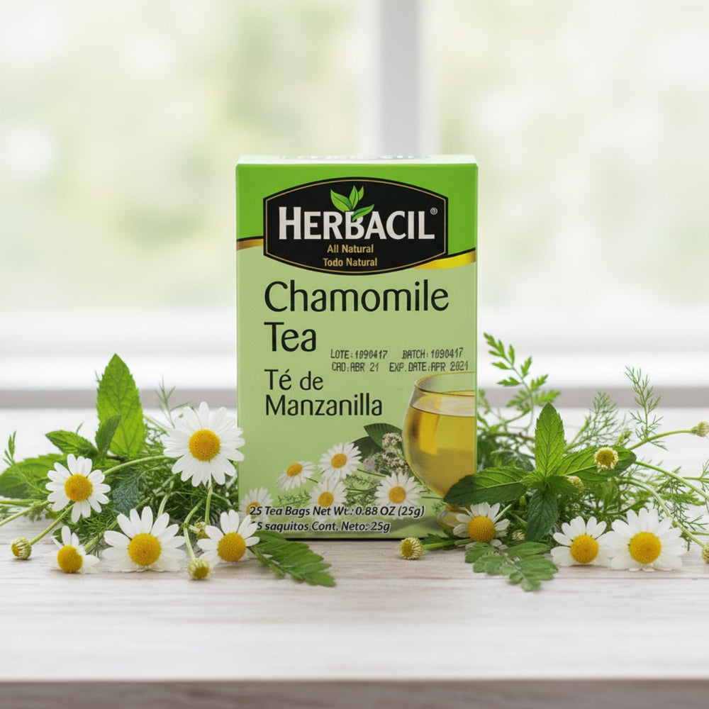 Herbacil Chamomile Tea 3-pack box on kitchen shelf ready to use