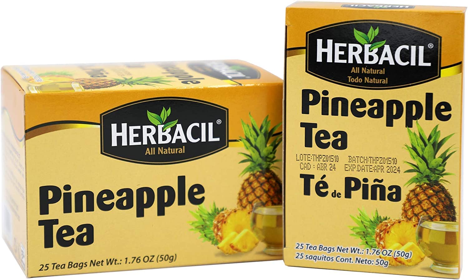 Herbacil Pineapple Tea bags box; refreshing caffeine-free hydration for any time.