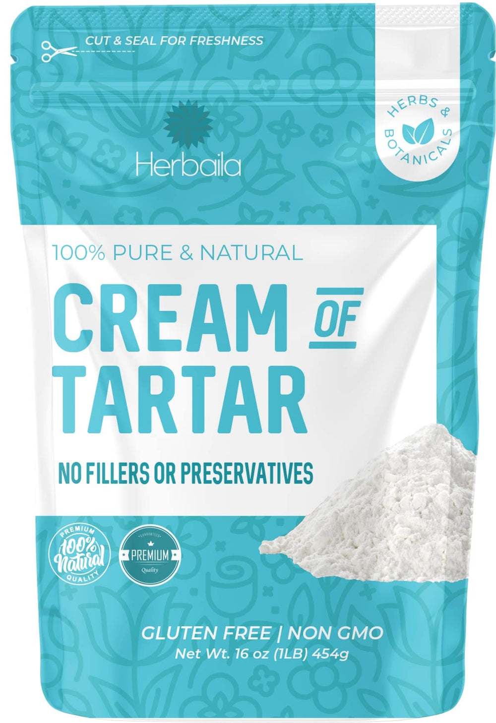 Herbaila Cream of Tartar 1lb package, gluten-free baking essential.