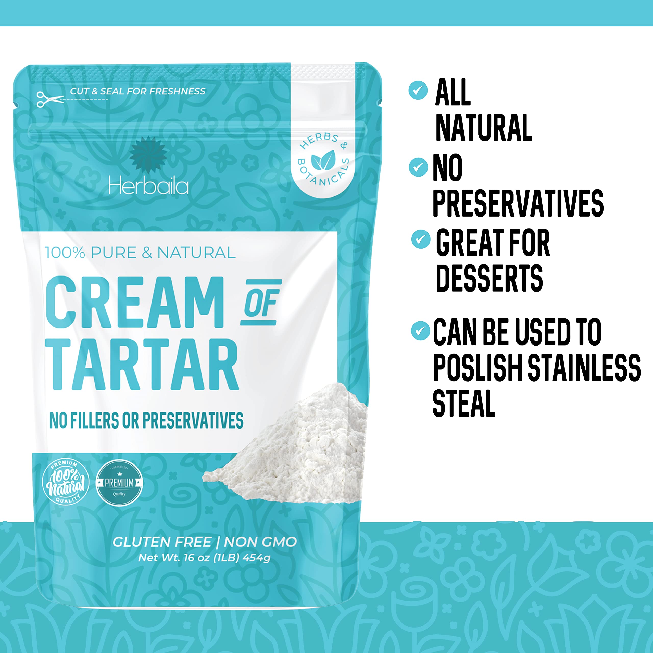 Herbaila premium tartar powder, vegan-friendly and gluten-free.