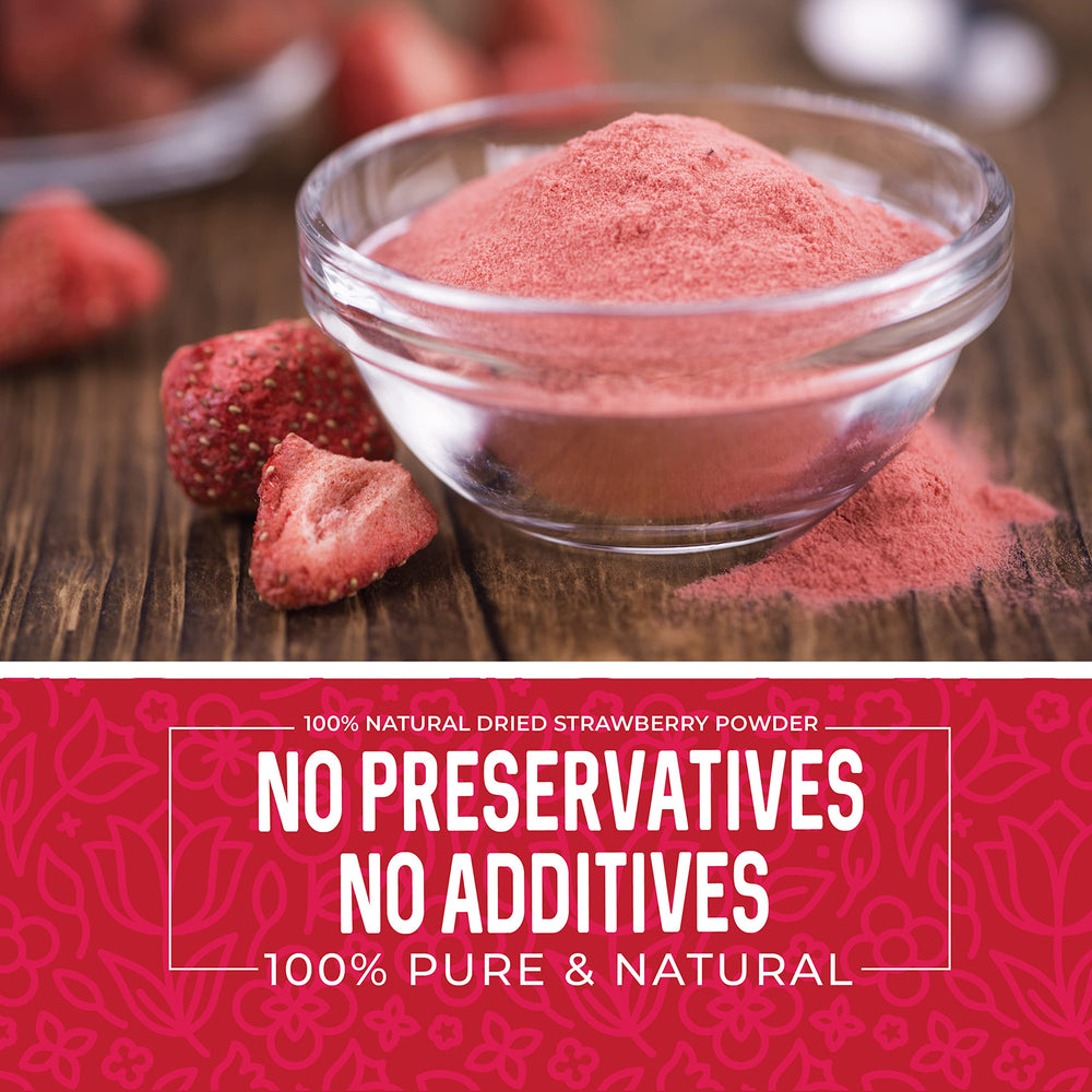 Herbaila strawberry powder for baking, vibrant red color in batter.