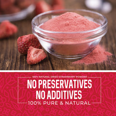 Herbaila strawberry powder for baking, vibrant red color in batter.