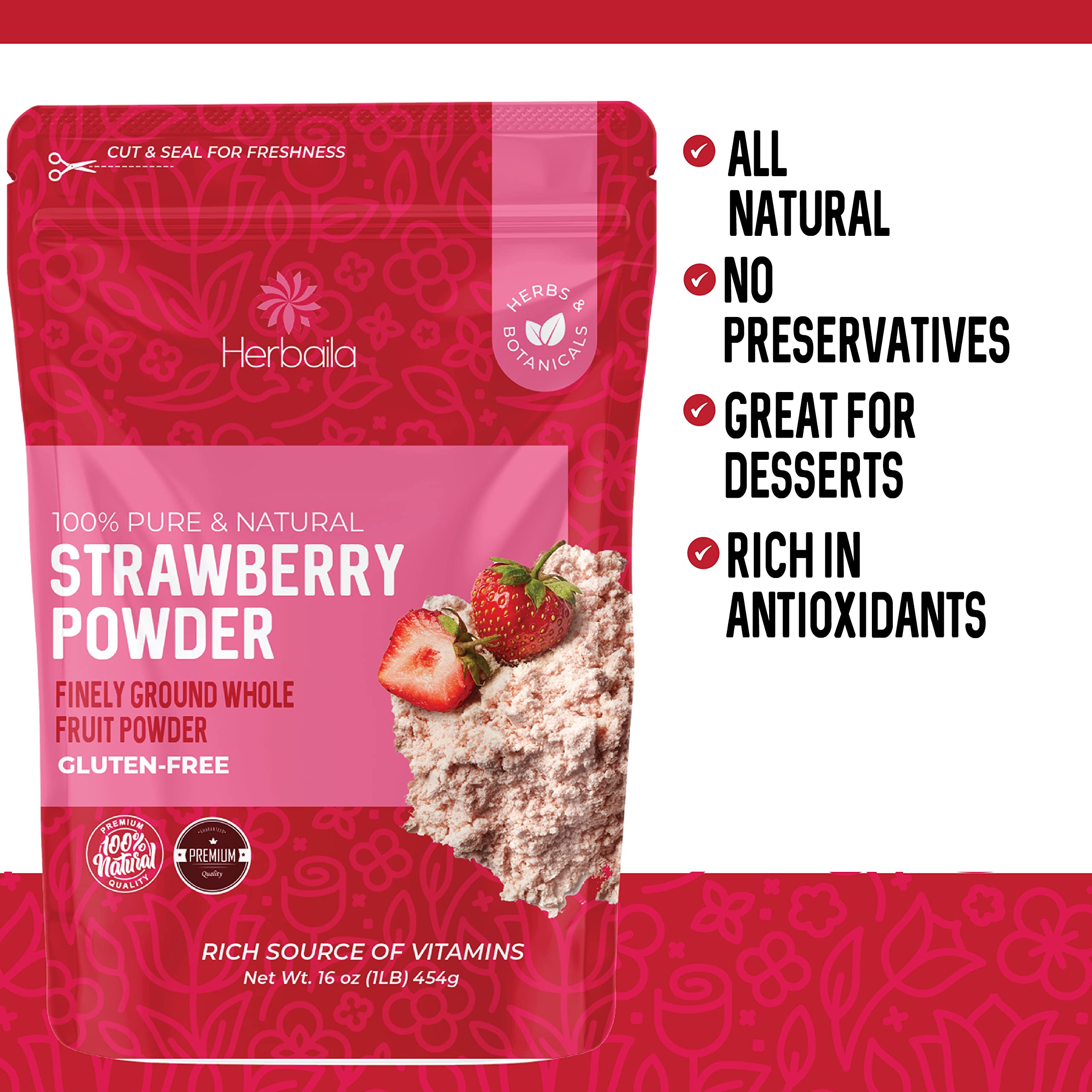 Herbaila freeze-dried strawberry powder bottle, USA-made quality.
