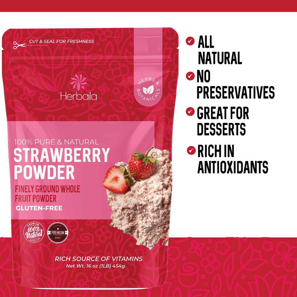 Herbaila freeze-dried strawberry powder bottle, USA-made quality.