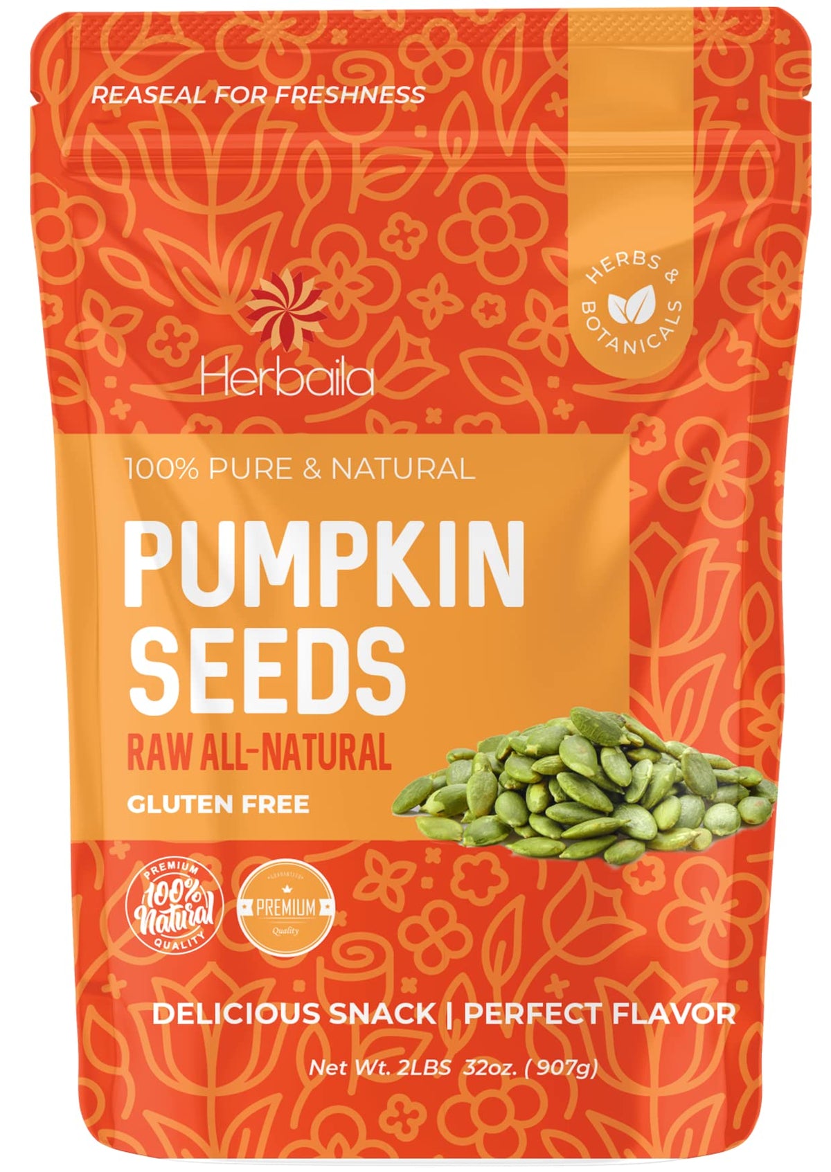 Herbaila raw unsalted pumpkin seeds in a bag, ideal for on-the-go snacking