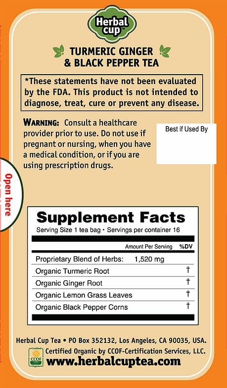 Herbal Cup Ayurveda Turmeric Tea ginger and pepper ingredients image emphasizes natural spices.