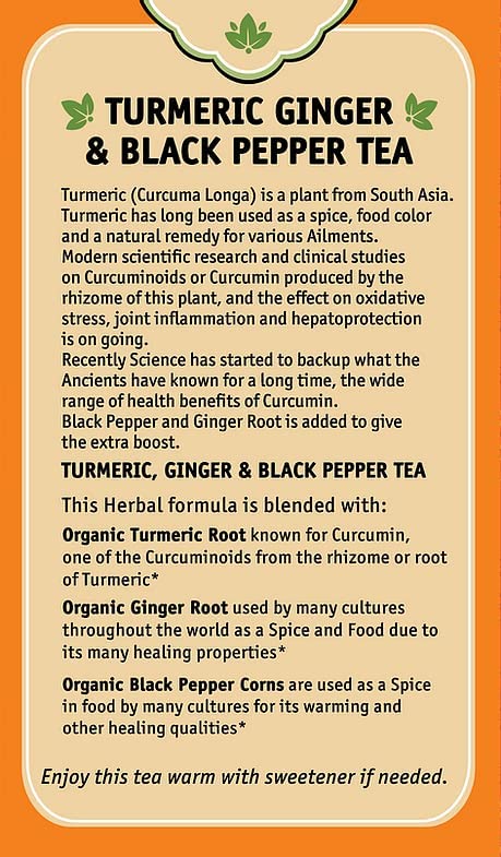 Herbal Cup Ayurveda Turmeric Tea packaging highlights organic certification and metal-free brewing promise.