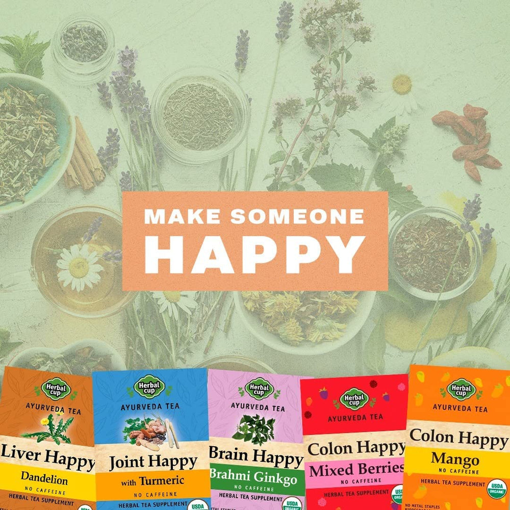 Herbal Cup Ayurveda Turmeric Tea sachets image shows convenient 16-count pack in home pantry.