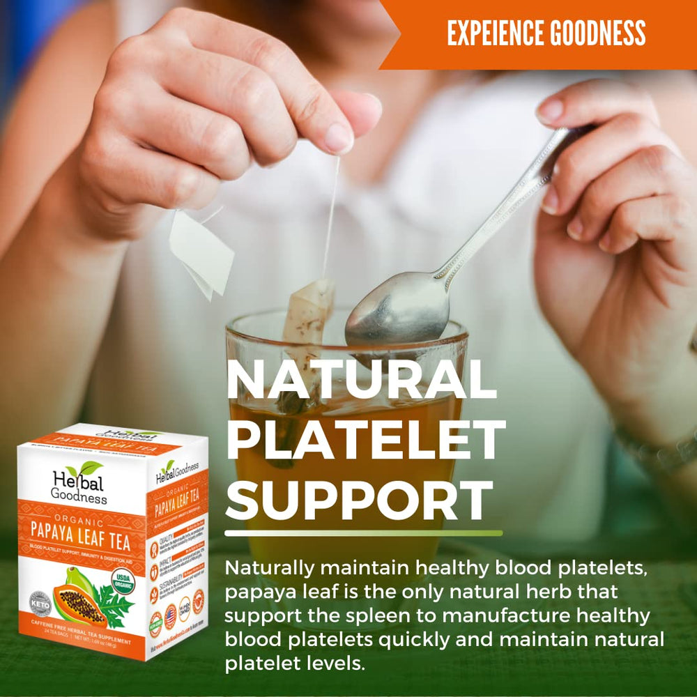 Herbal Goodness handpicked papaya leaf tea bag highlighting peak potency and fresh flavor.