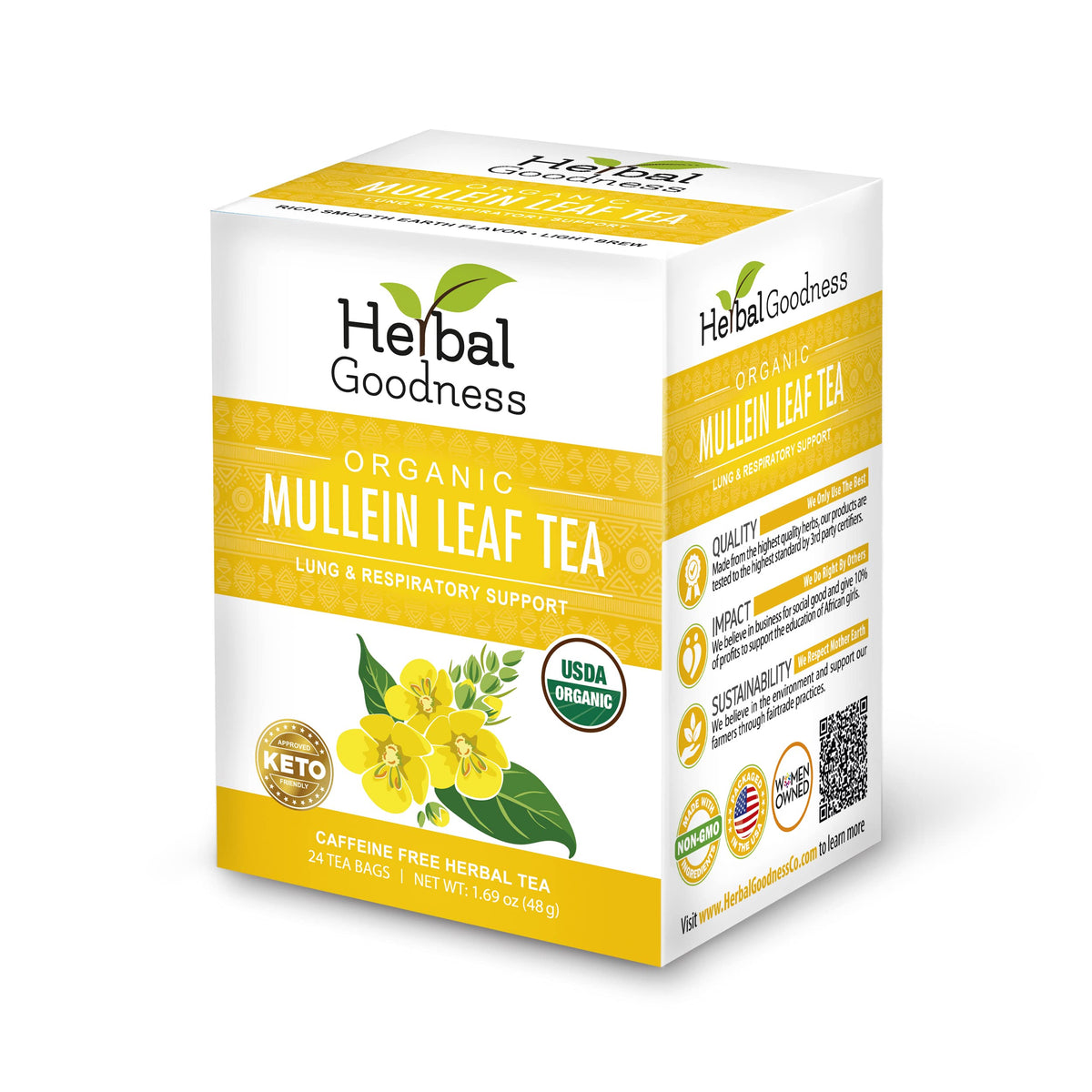 Herbal Goodness Mullein Leaf Tea packaging showing natural, inviting design
