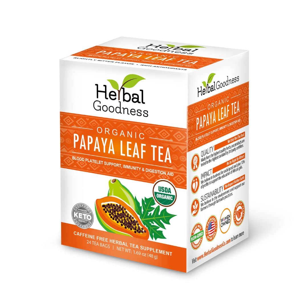 Herbal Goodness organic papaya leaf tea bag closeup for pure, pesticide-free leaves.