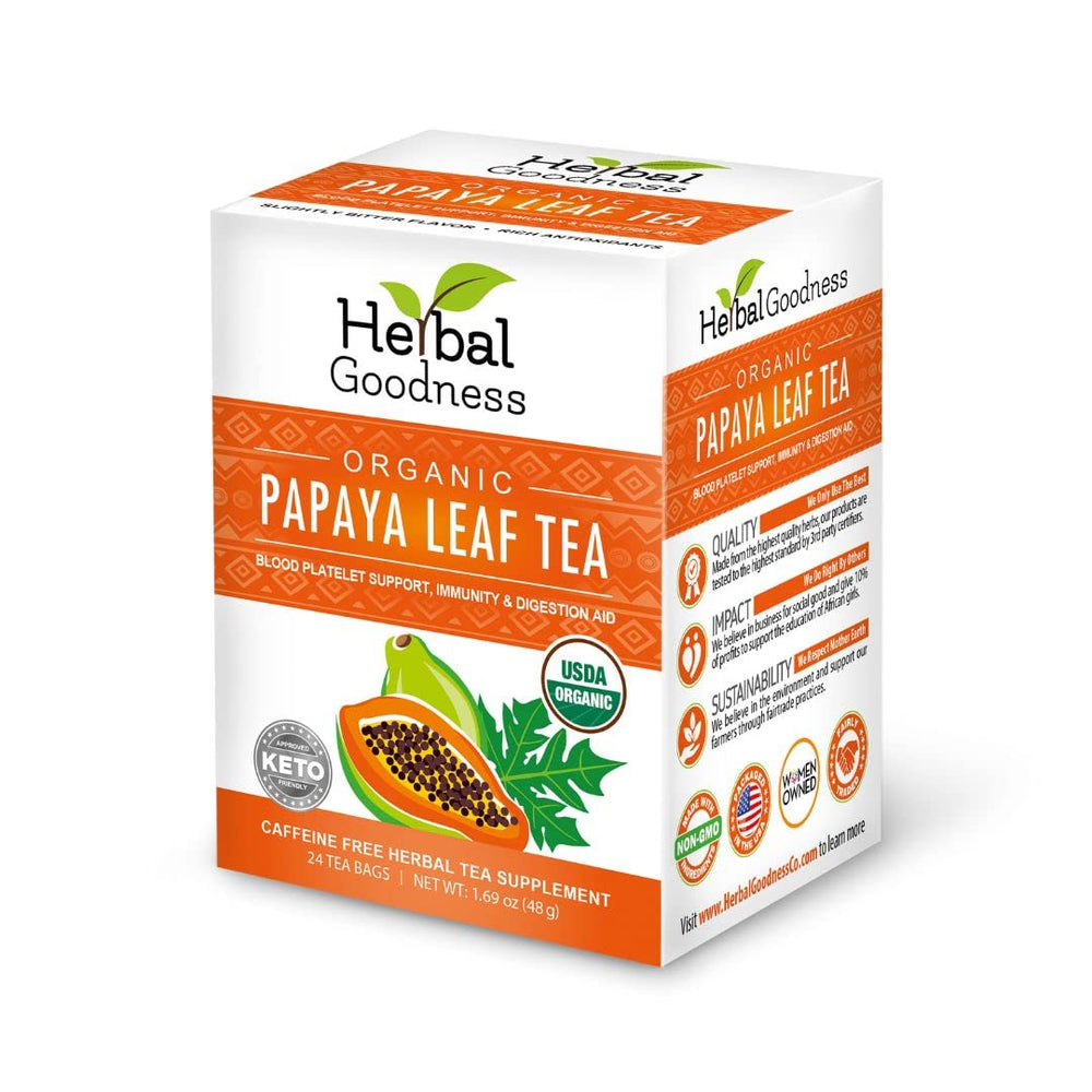 Herbal Goodness organic papaya leaf tea bag closeup for pure, pesticide-free leaves.