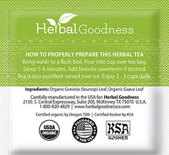 Herbal Goodness Organic soursop leaf bags; certified quality and purity.