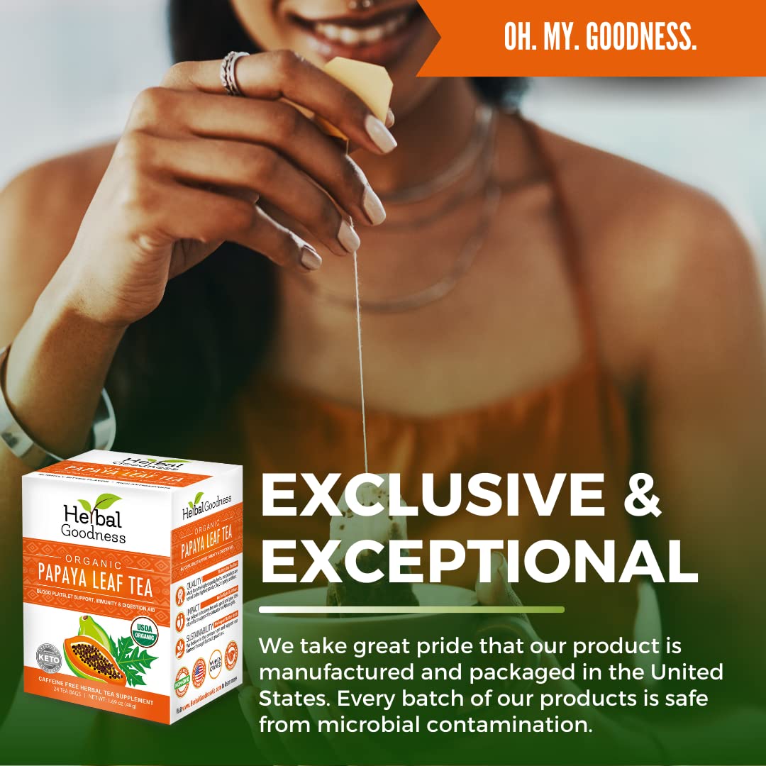 Herbal Goodness papaya leaf tea bags packaging emphasizes organic, farm-to-cup quality.