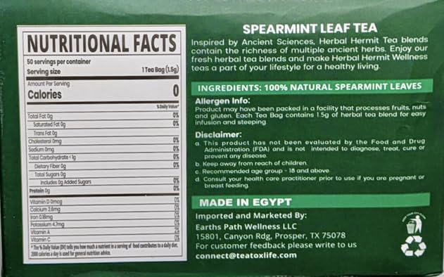 Herbal Hermit spearmint tea bags on shelf, easy post-meal brew.