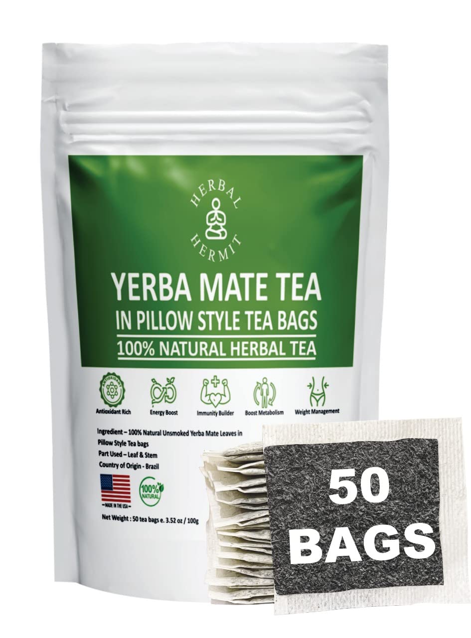 Herbal Hermit Yerba Mate tea bags front view showing 50-count packaging for daily use