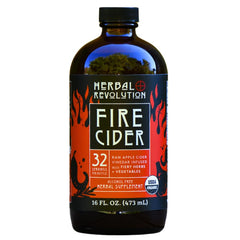Herbal Revolution Fire Cider bottle label highlights organic ingredients for a spicy, flavorful addition.