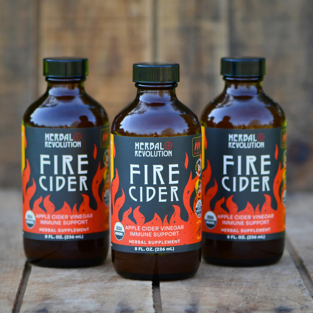 Herbal Revolution Fire Cider bottle with salad dressing and roasting ideas.