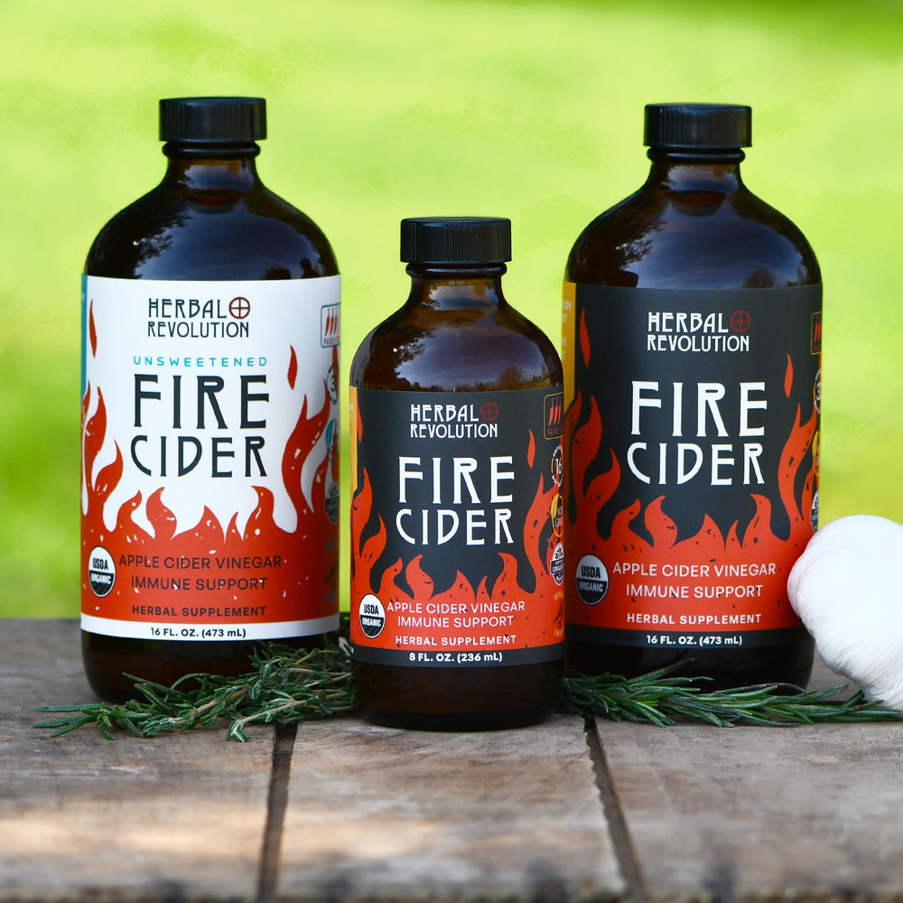 Herbal Revolution Fire Cider ginger-horseradish-honey blend visible in bottle.
