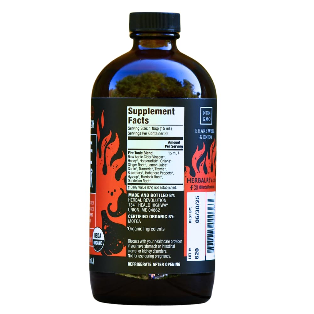 Herbal Revolution Fire Cider bottle reveals ginger, horseradish and hot peppers for a spicy kick in recipes.
