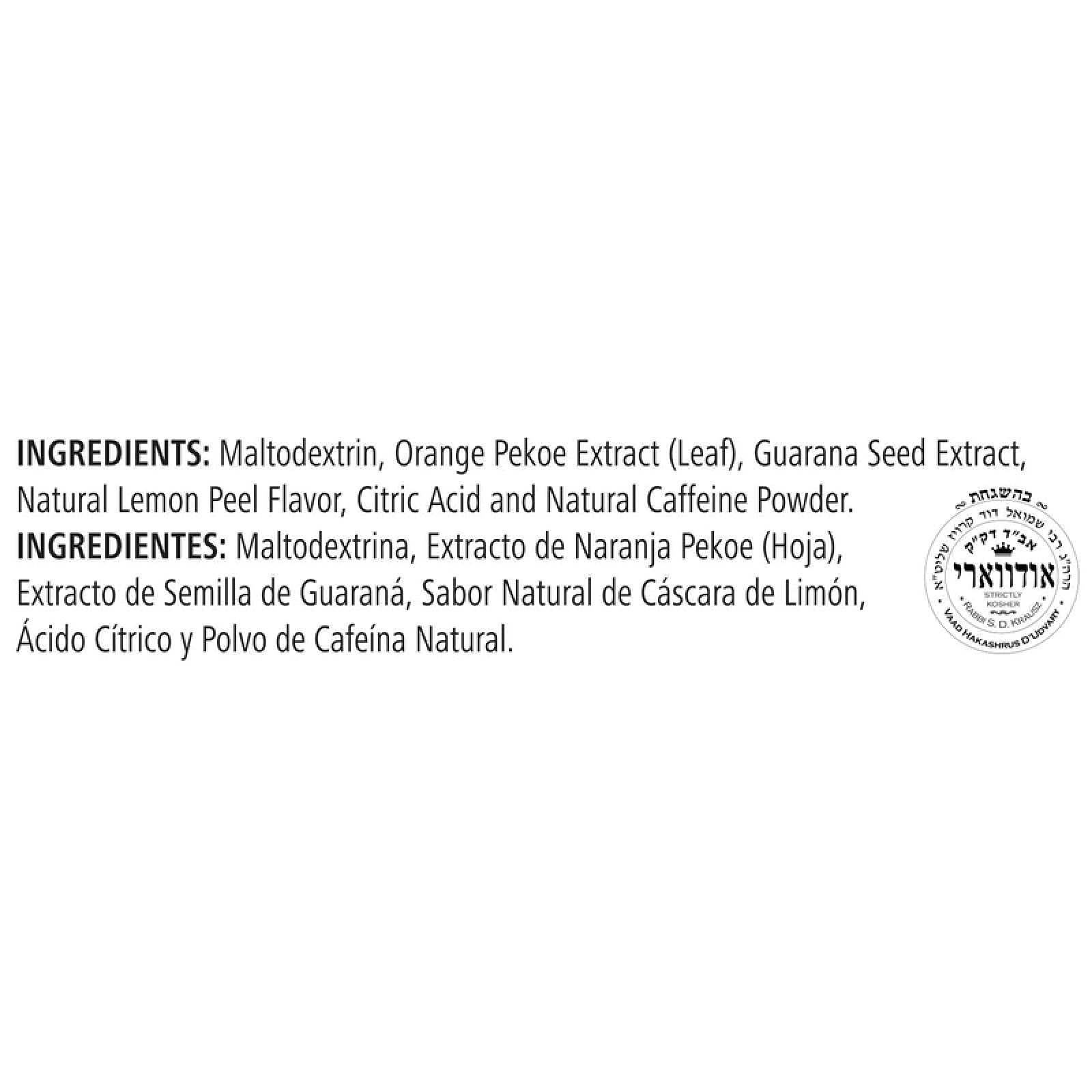 Label close-up of Herbalife NRG Nature's Raw Guarana Tea highlighting natural ingredients.
