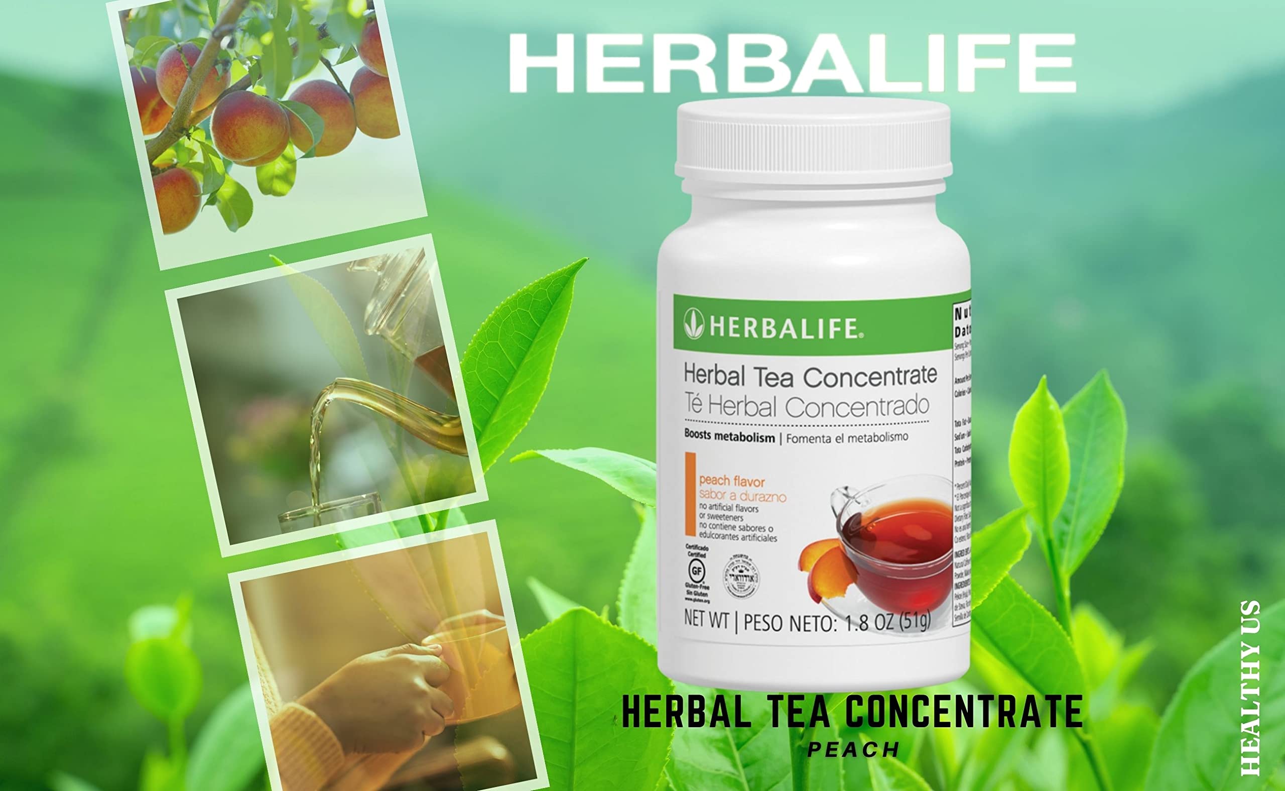 Herbalife peach tea label highlighting gluten-free and natural flavors.