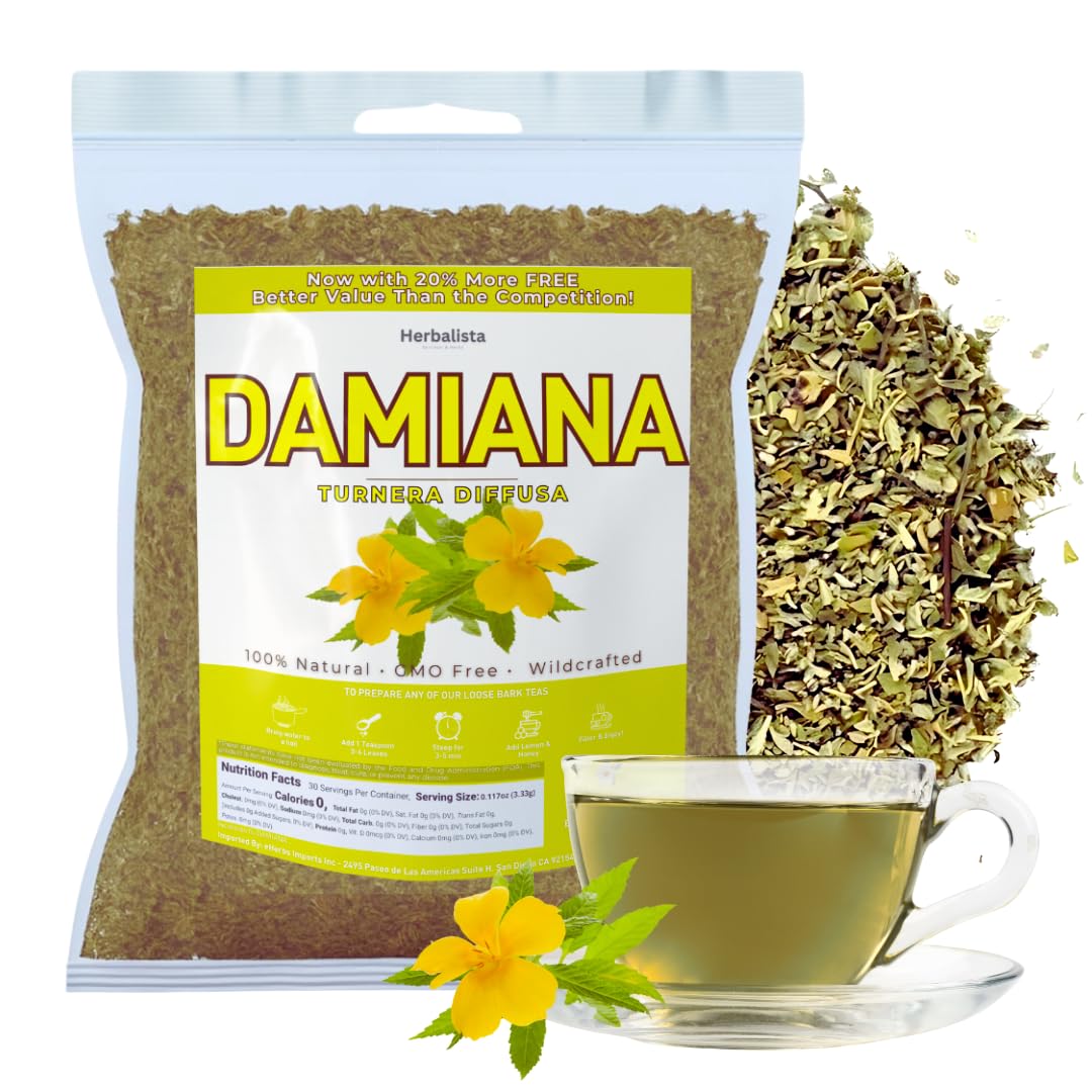 HERBALISTA Damiana Tea packaging highlights premium wildcrafted leaves for a relaxing ritual