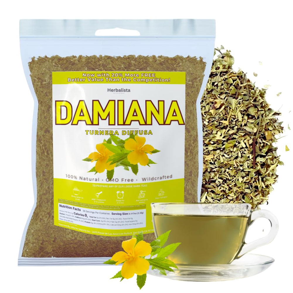 HERBALISTA Damiana Tea packaging highlights premium wildcrafted leaves for a relaxing ritual