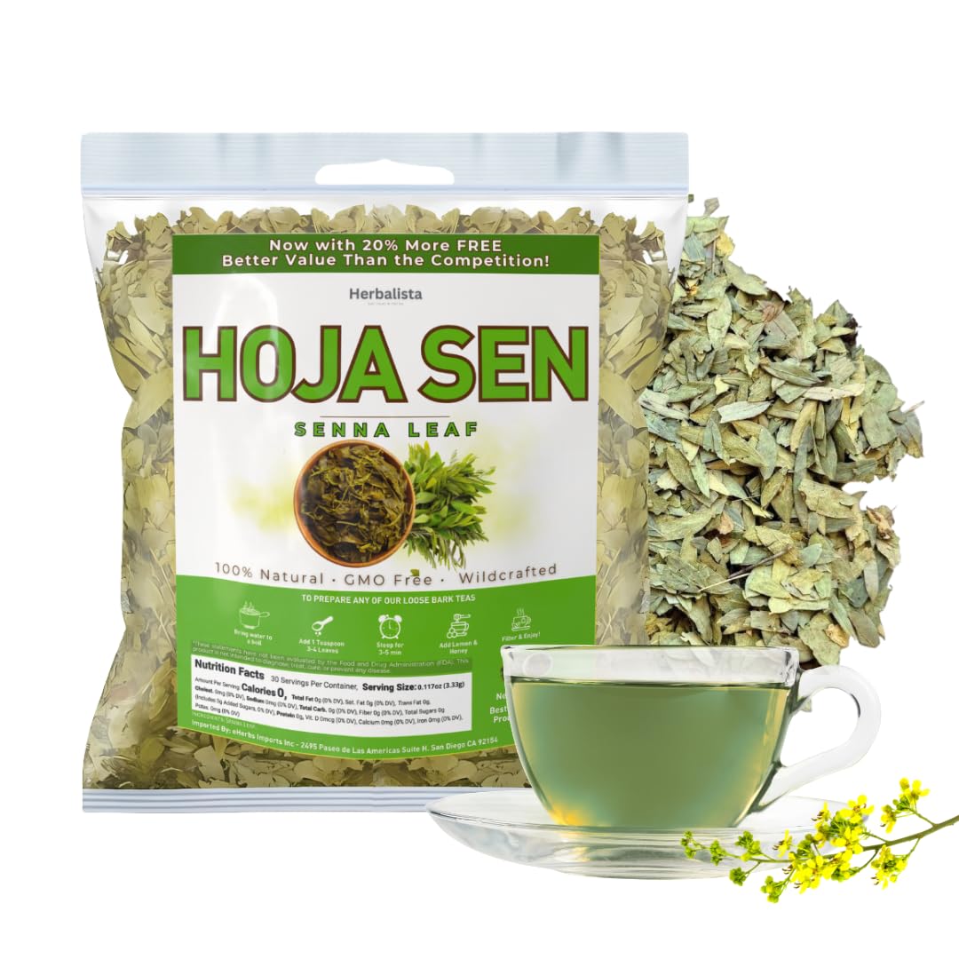 Herbalista Senna leaf tea packaging highlights premium, wildcrafted ingredients for a natural brew.