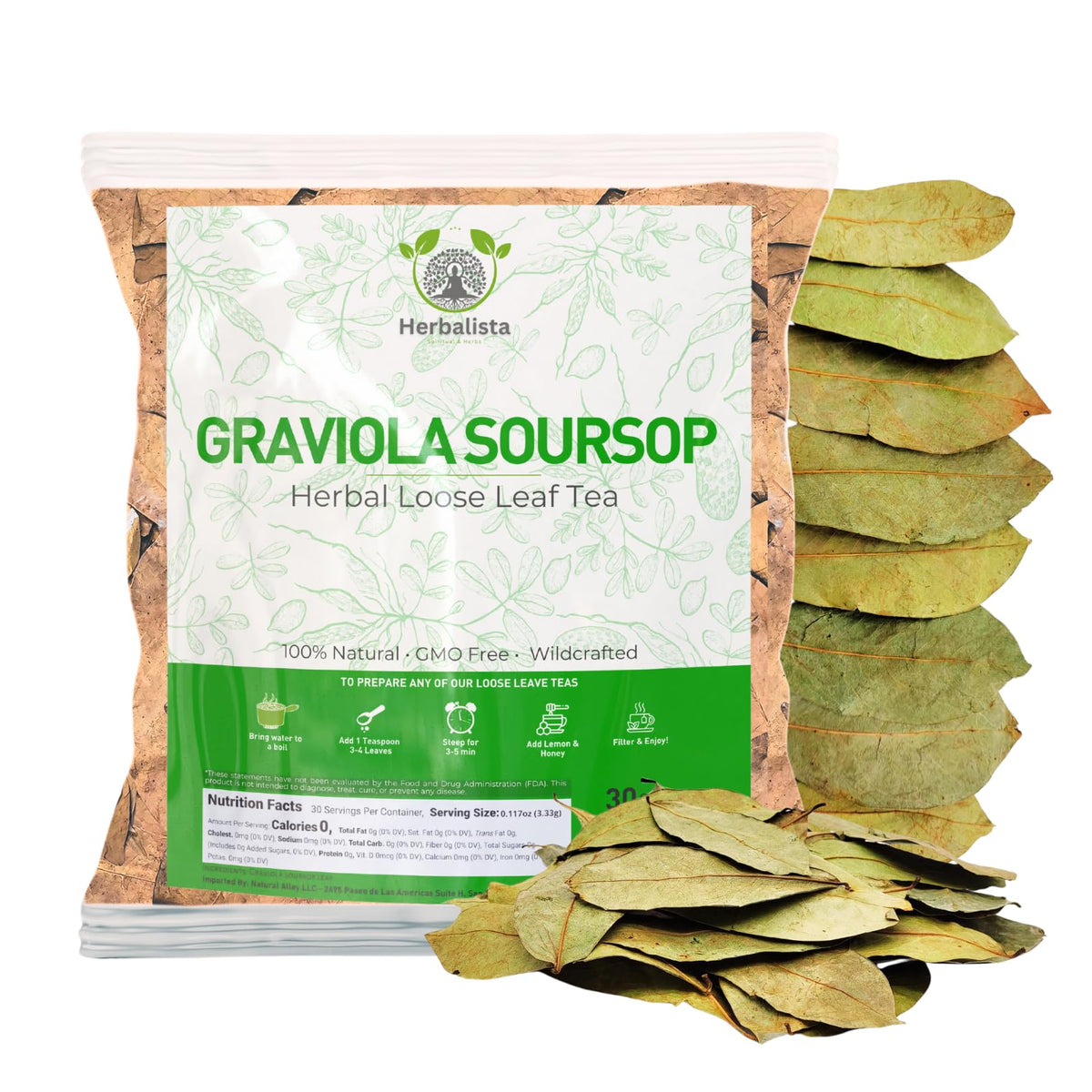 Herbalista soursop leaf bag – 4 oz, premium dried leaves for a robust tea infusion.