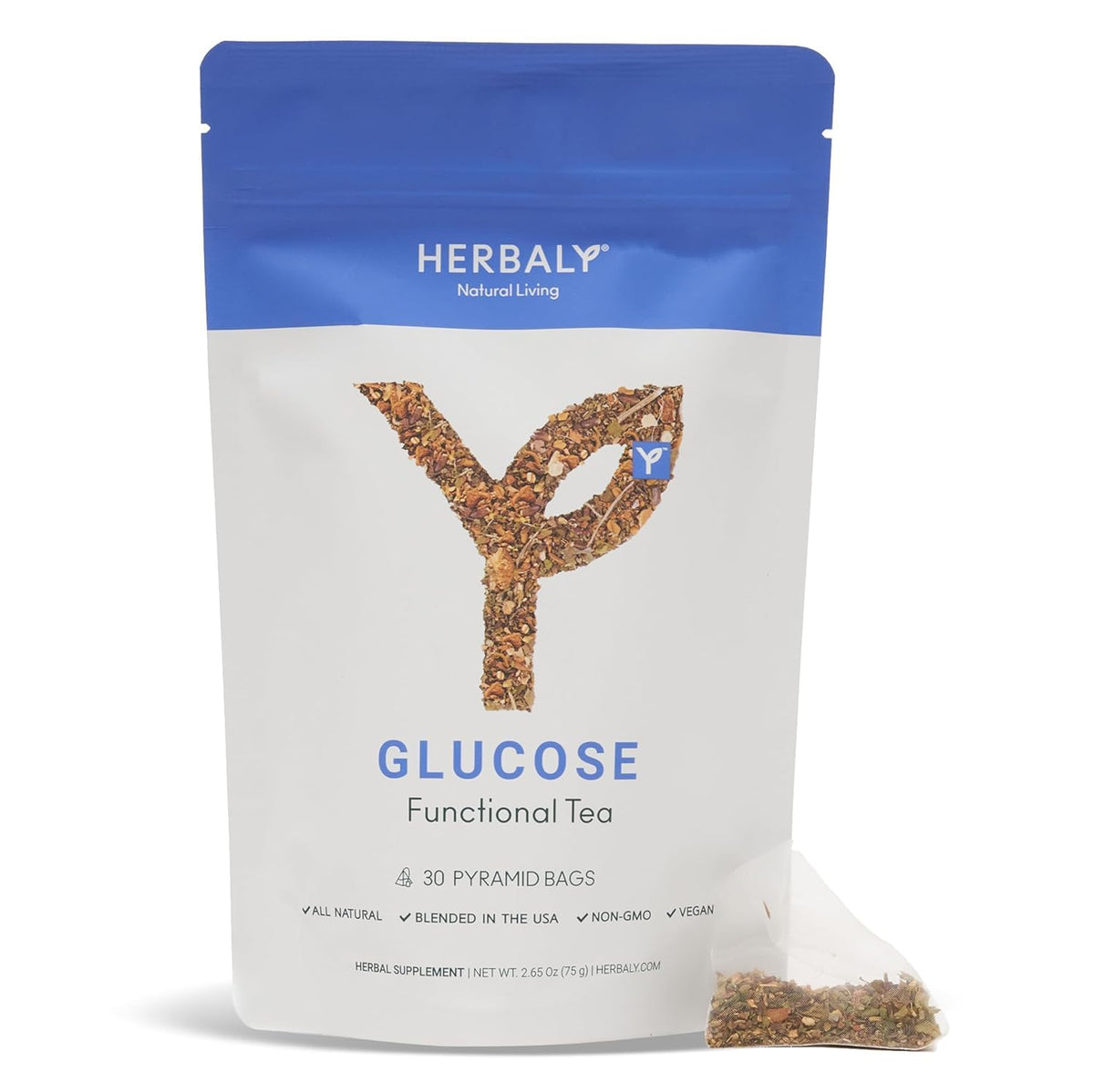 Herbaly Glucose Tea bottle close-up highlights premium blend for daily calm.