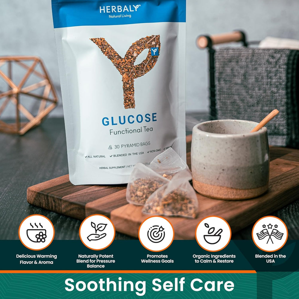 Herbaly Glucose Tea ingredients scene reveals Gymnema, Cinnamon, and Bitter Melon for balanced flavor.