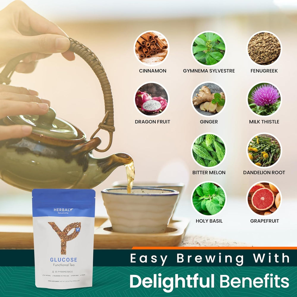 Herbaly Glucose Tea pyramid sachet close-up emphasizes plant-based, antioxidant-rich ingredients.